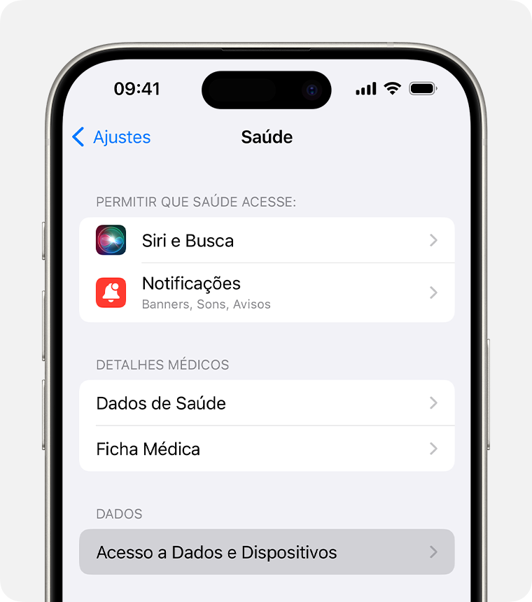 Nos ajustes do app Saúde no iPhone, você pode alterar ajustes como o acesso da Siri aos dados desse app.