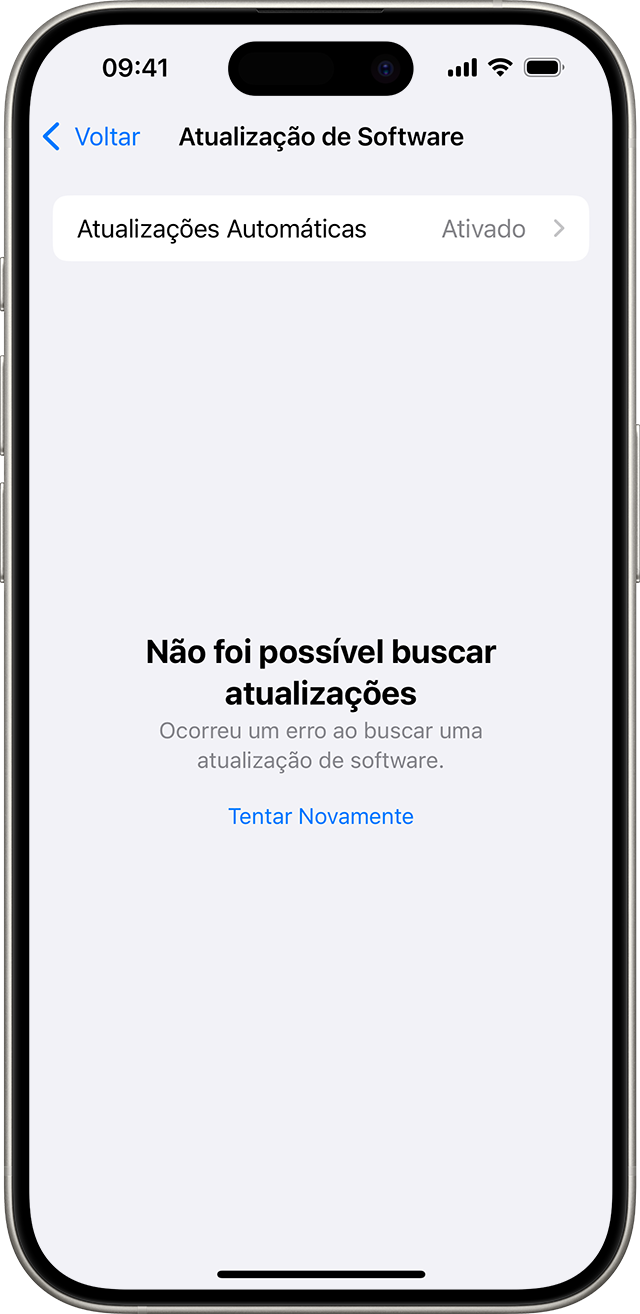 iPhone mostrando a mensagem "Não foi possível buscar atualizações"