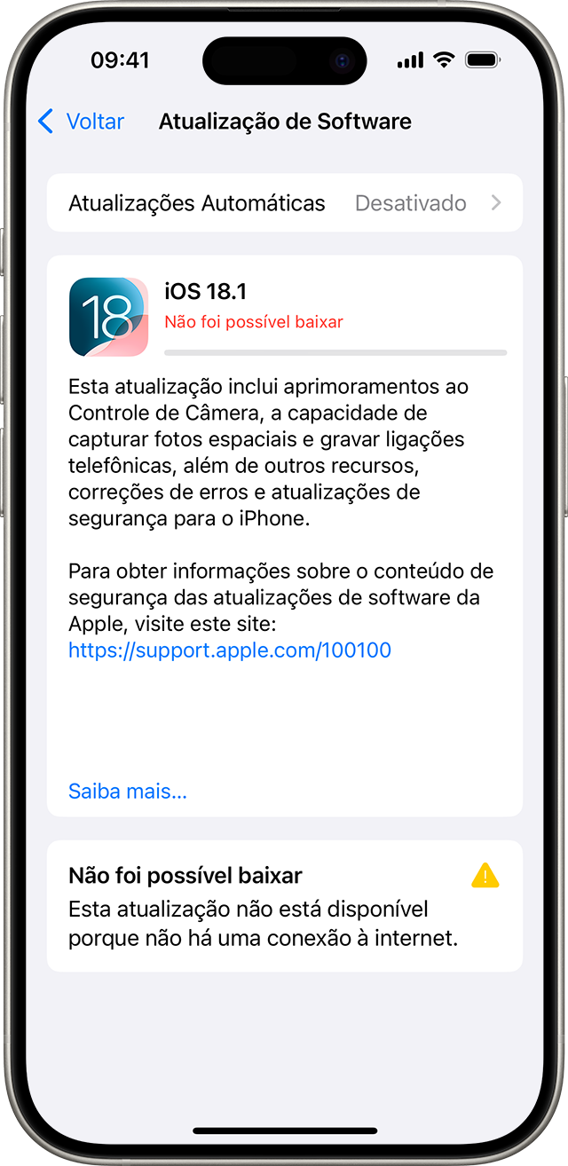 iPhone mostrando a mensagem Não foi possível baixar