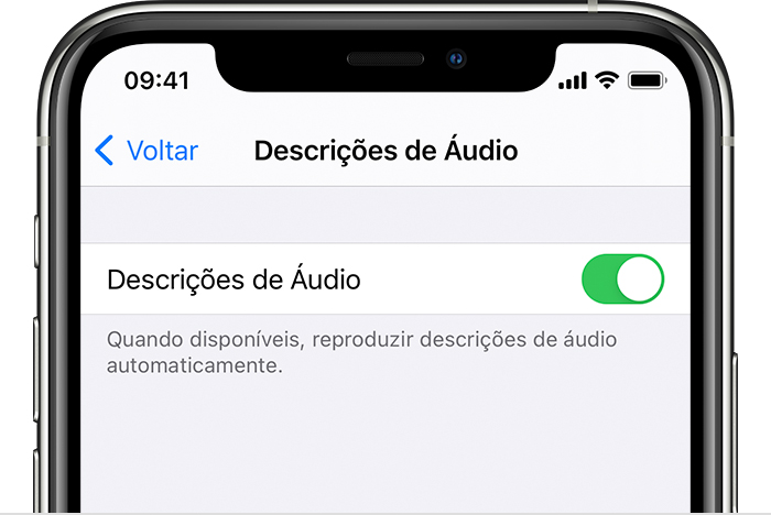 O botão "Descrições de Áudio" em Ajustes no iPhone