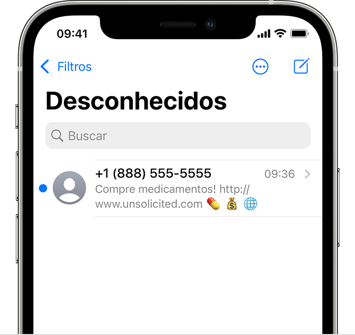 Tela do iPhone mostrando o local onde as mensagens filtradas de remetentes desconhecidos são exibidas
