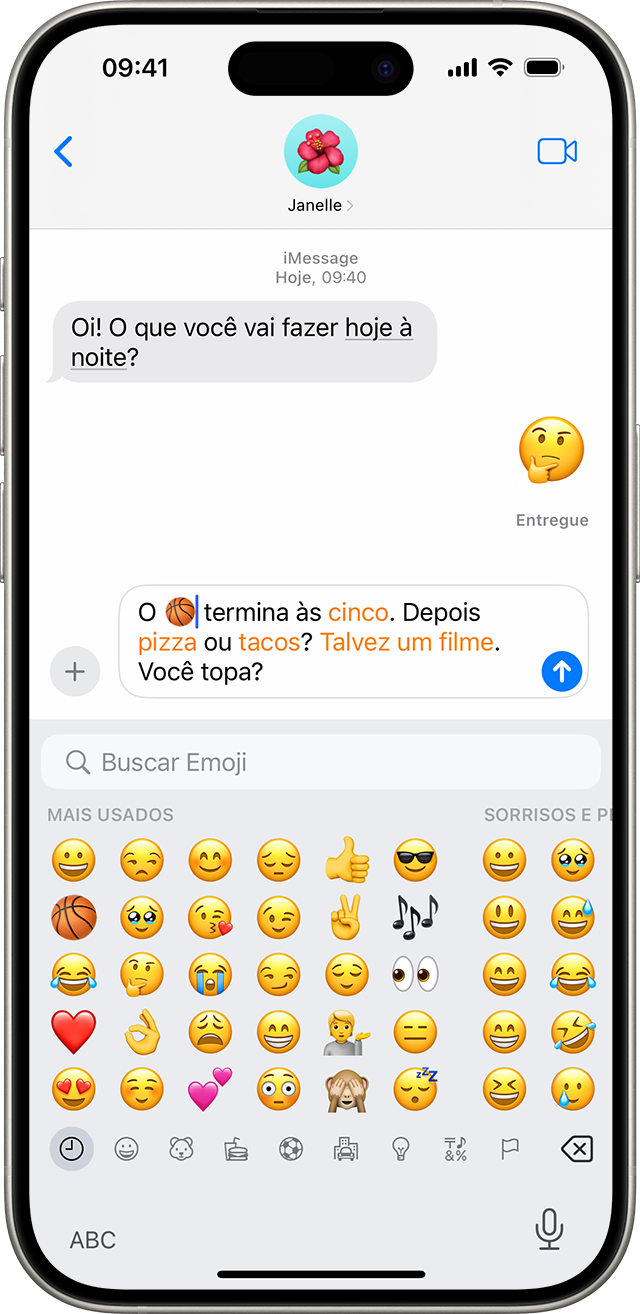 Uma tela do iPhone mostrando uma conversa do Mensagens com o teclado de emoji aberto.