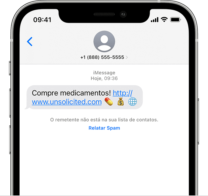 iPhone mostrando a opção para relatar um iMessage como indesejado
