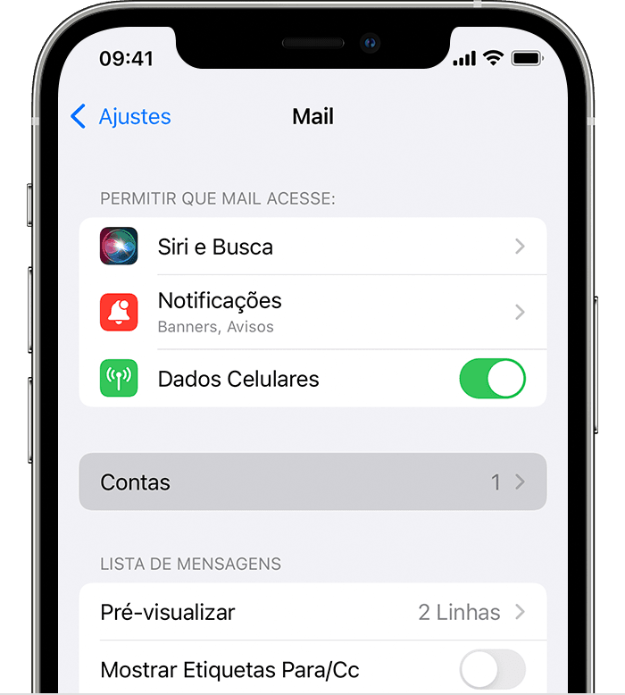 Acesse Ajustes > Mail para começar a configurar a conta de e-mail automaticamente no iPhone.