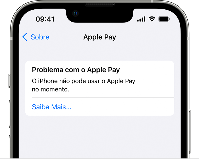 Mensagem de erro "Problema com o Apple Pay" em um iPhone informando ao usuário que o iPhone não pode usar o Apple Pay.
