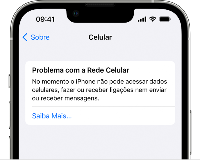 Mensagem de erro "Problema com a Rede Celular" em um iPhone informando ao usuário que o iPhone não pode acessar dados celulares nem fazer e receber ligações ou mensagens.