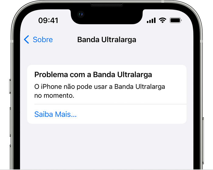 Mensagem de erro "Problema com a Banda Ultralarga" em um iPhone informando ao usuário que o iPhone não pode usar a banda ultralarga.