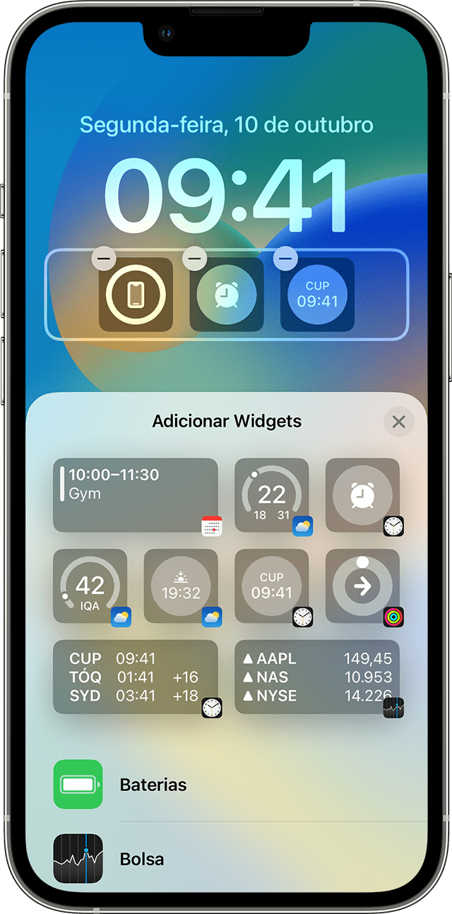 Tela de um iPhone mostrando como adicionar widgets à tela Bloqueada