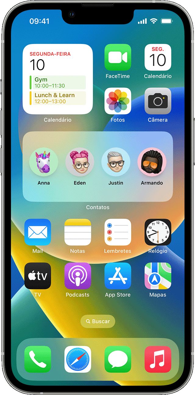 iPhone mostrando widgets de eventos meteorológicos e do calendário
