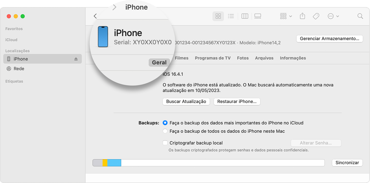 Captura de tela da janela do Finder mostrando o número de série do iPhone