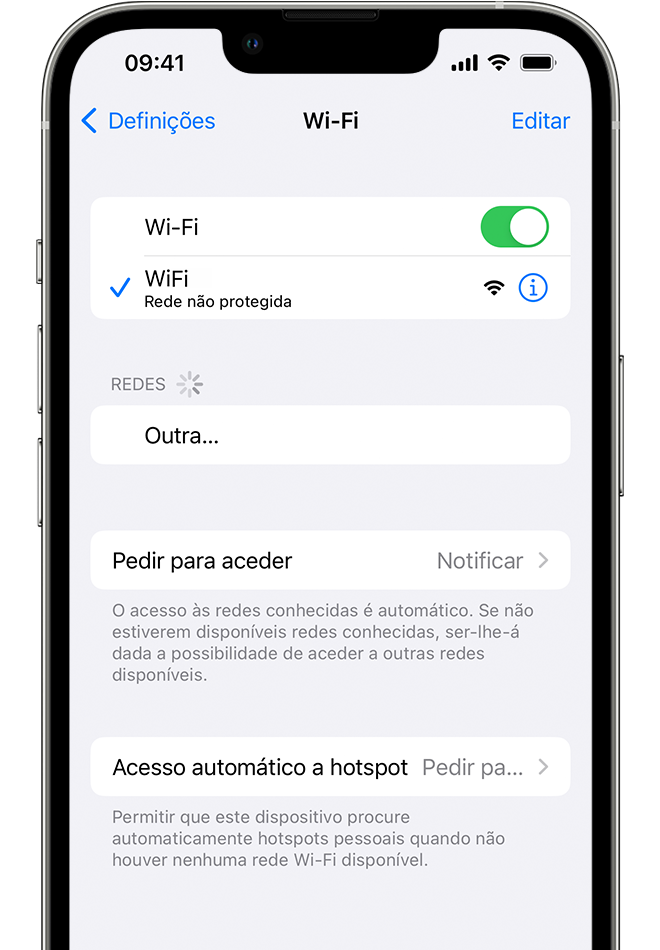 Um iPhone a mostrar o ecrã Wi-Fi. Existe um visto azul junto ao nome da rede Wi-Fi.