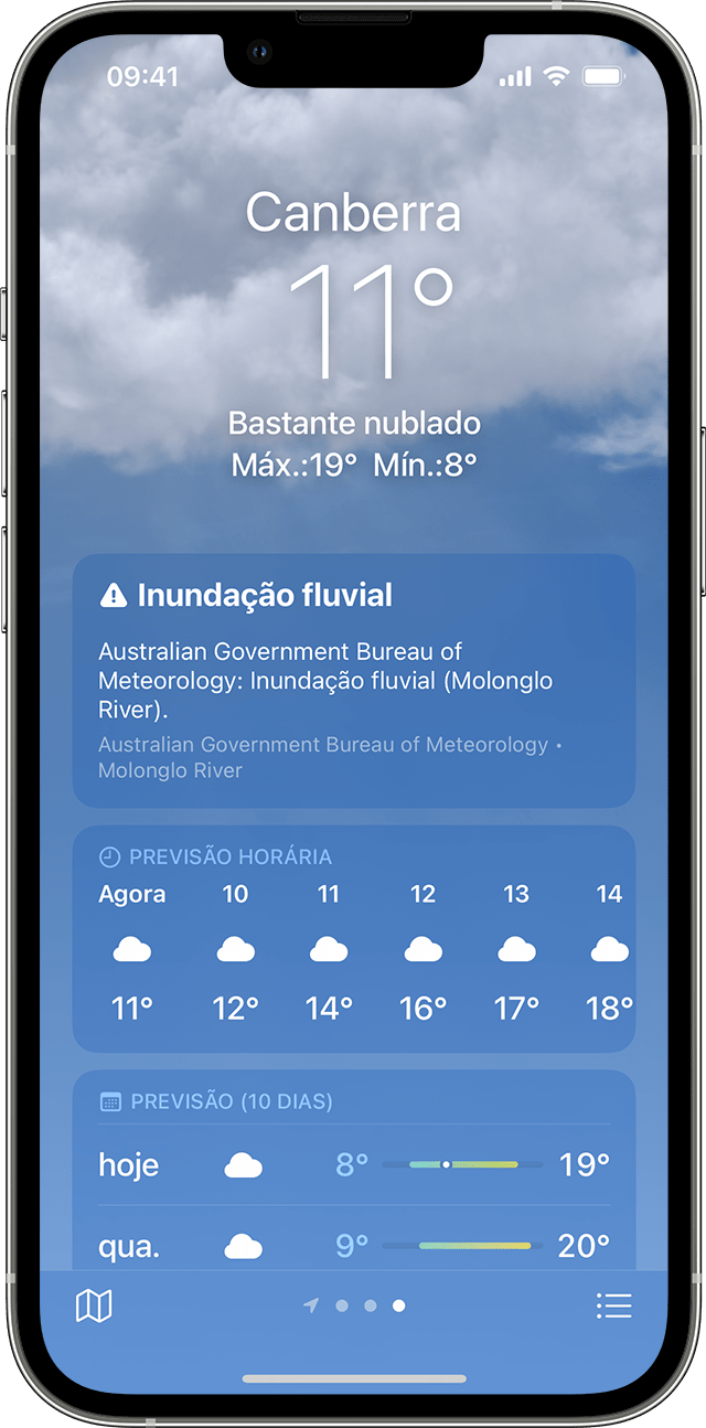 iPhone a mostrar informações sobre condições meteorológicas rigorosas na app Meteorologia.