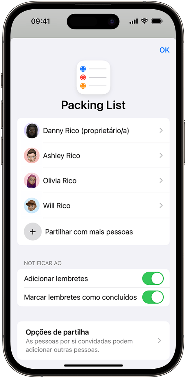 No iPhone, pode partilhar uma lista de lembretes com os seus contactos, mas alterar as notificações automáticas através das opções de Gerir lista partilhada.