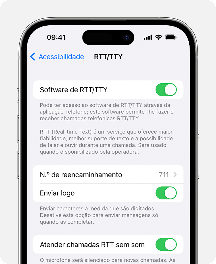 Ecrã do iPhone com o RTT/TTY ativo