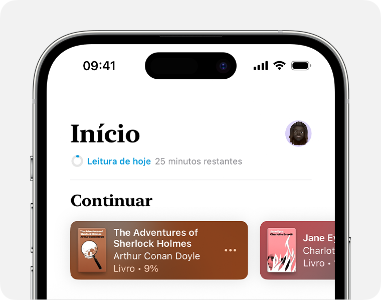 Ecrã do iPhone que mostra a secção Casa da app Livros 