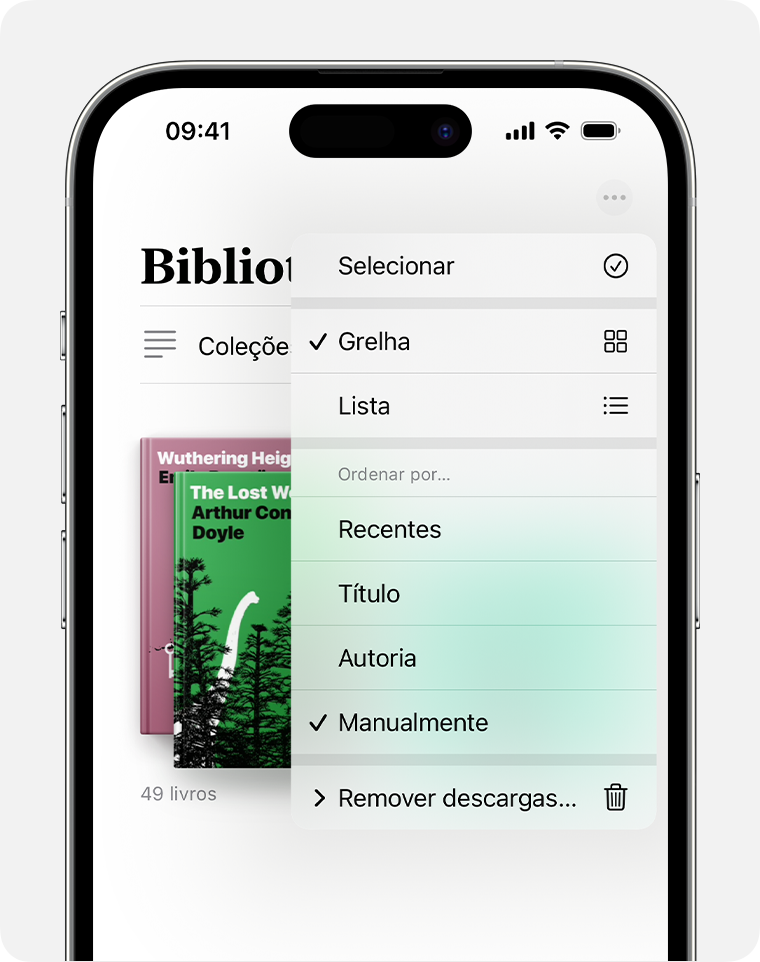Ecrã do iPhone que mostra as opções para organizar a app Livros 
