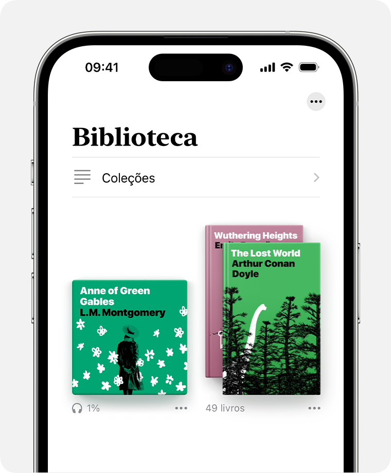 Ecrã do iPhone que mostra a secção Biblioteca da app Livros. 