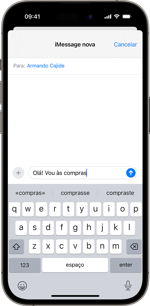 Ecrã do iPhone a mostrar as sugestões de texto à medida que escreve uma palavra nas Mensagens.
