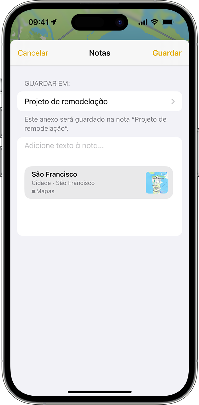 Um iPhone a mostrar como adicionar um anexo na app Notas.
