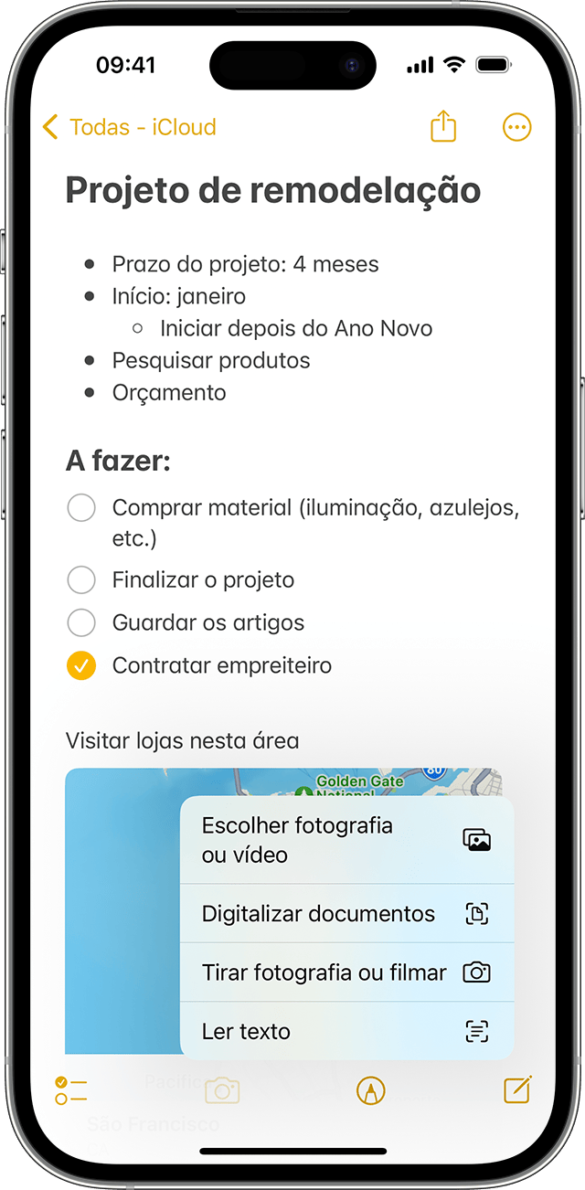 Um iPhone a mostrar como adicionar uma fotografia ou um vídeo a uma nota na app Notas.