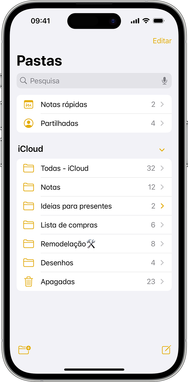Um iPhone a mostrar como criar uma pasta na app Notas.