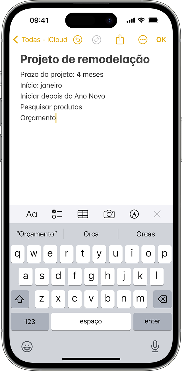 Um iPhone a mostrar como criar uma nota na app Notas.