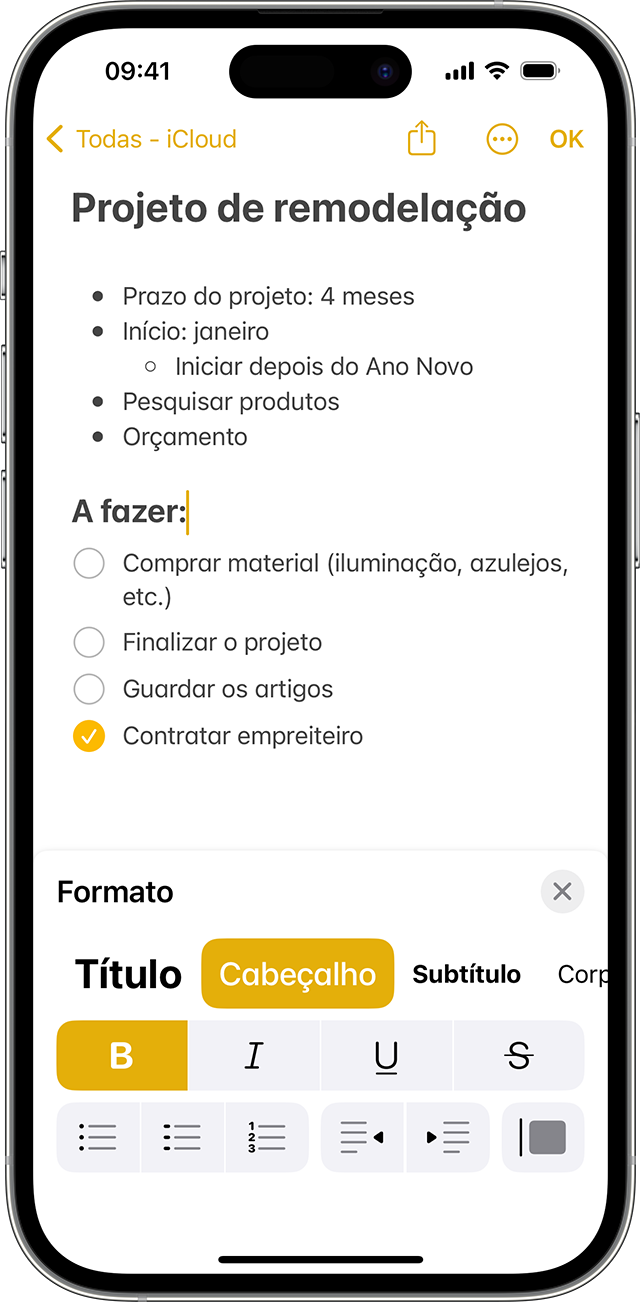 As opções de formatação na app Notas no iPhone