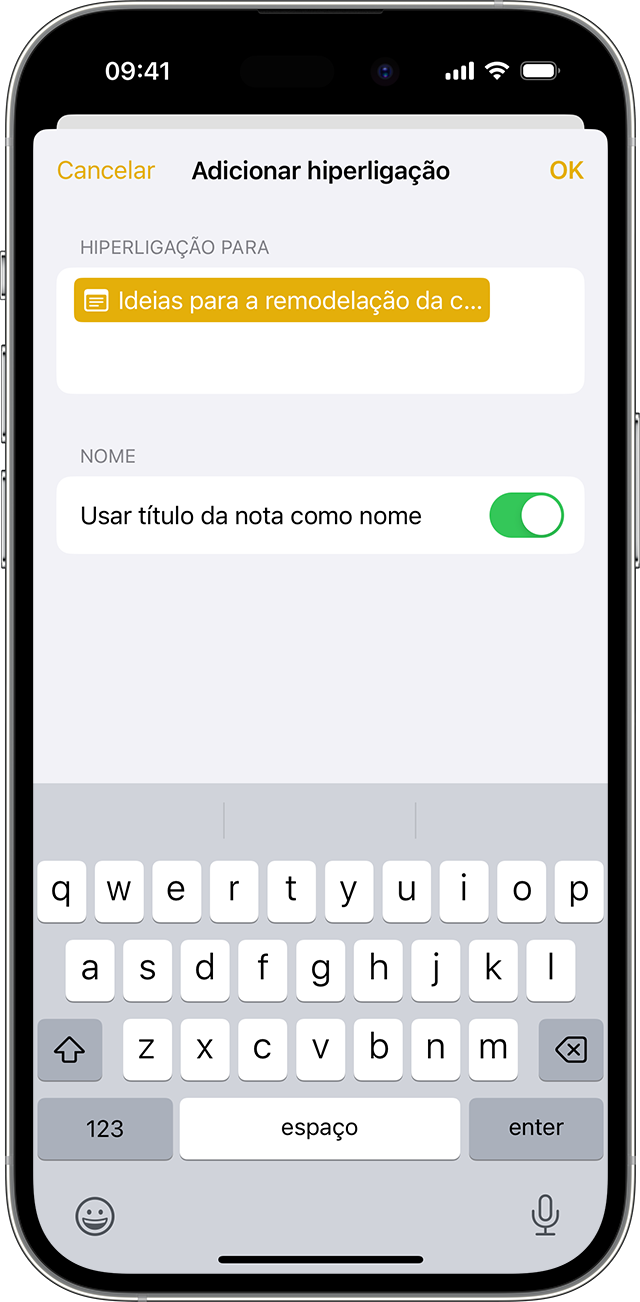 As opções para adicionar uma hiperligação na app Notas no iPhone com o iOS 17 ou posterior.