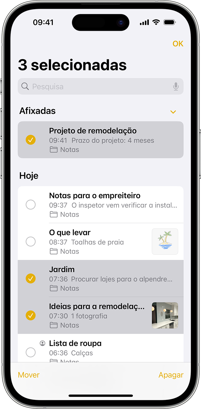 Um iPhone a mostrar como mover uma nota para uma pasta diferente na app Notas.