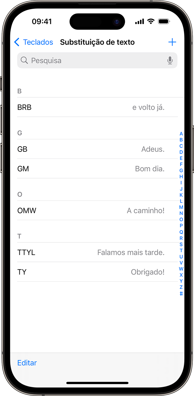 Uma lista de atalhos de texto configurados para utilização no iPhone.