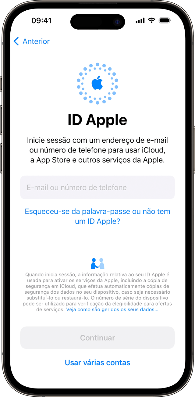 Utilize o endereço de e-mail ou número de telefone para iniciar sessão com o ID Apple durante o processo de configuração do iPhone com iOS 17.