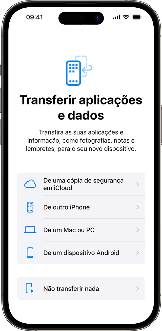 As opções de "Transferir aplicações e dados" na configuração de um iPhone com iOS 17