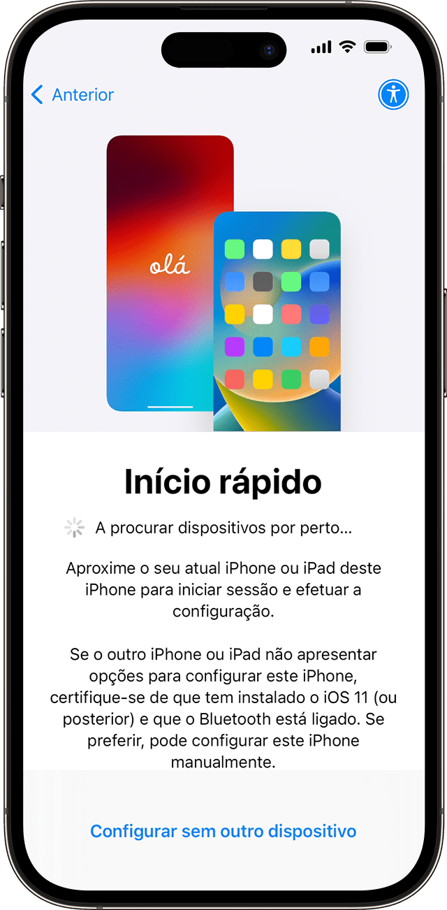 No iOS 17, pode configurar o novo iPhone com outro dispositivo através do Início rápido.