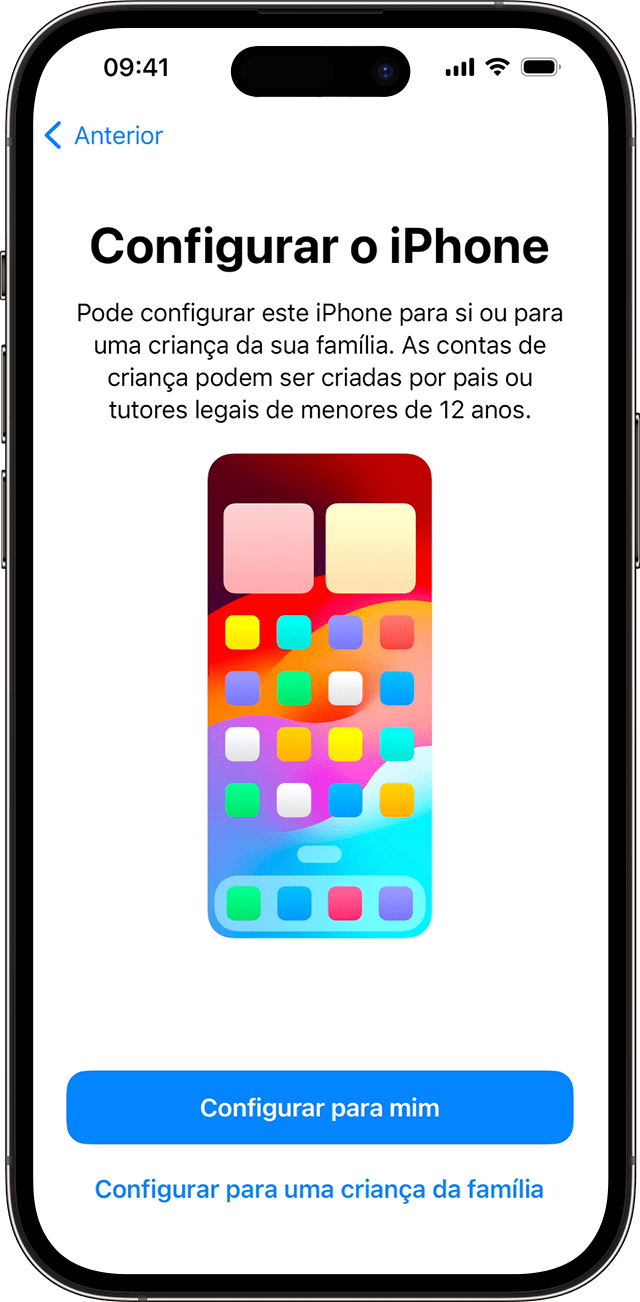 Durante o processo de configuração do iPhone com iOS 17, pode selecionar se o novo telemóvel é para si ou para uma criança da sua família.