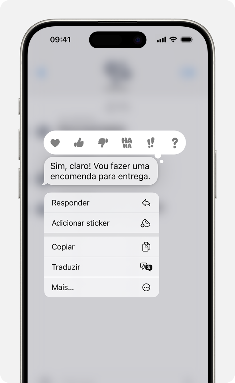 Um iPhone a mostrar o menu de resposta incorporada depois de manter premido um balão de mensagem para enviar uma resposta incorporada