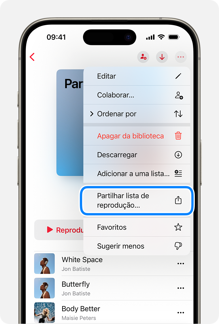 iPhone a mostrar a opção "Partilhar lista de reprodução" no menu que aparece ao tocar no botão Mais