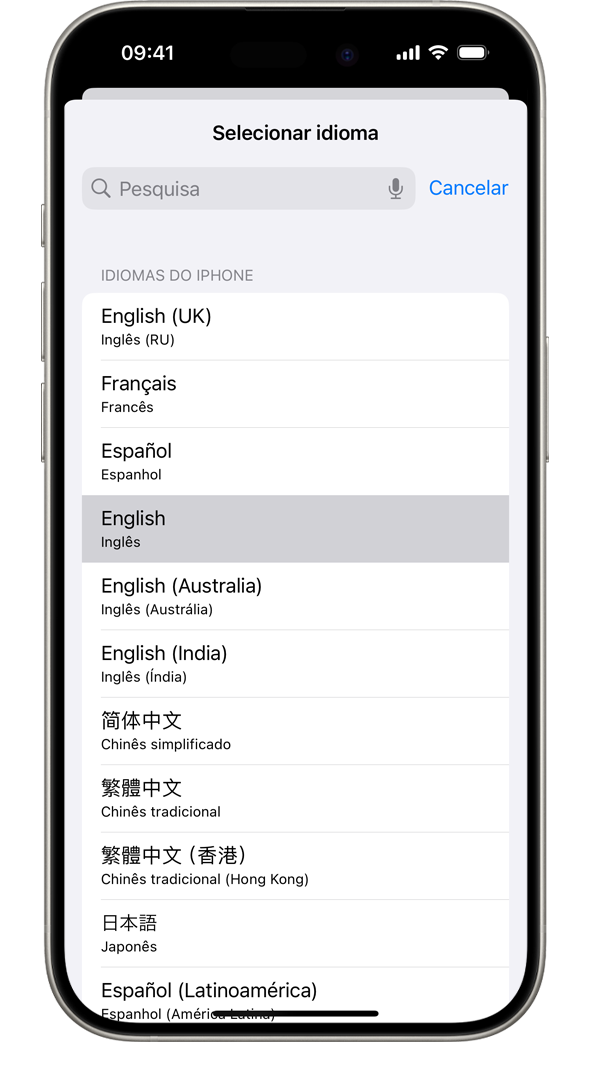 Um iPhone a mostrar a lista de idiomas do sistema disponíveis, com o francês realçado.