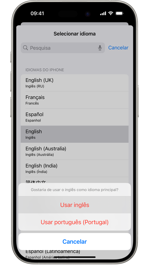 Um iPhone a mostrar um aviso que indica "Gostaria de usar o francês como idioma principal?" As opções apresentadas são Usar francês, Usar inglês (EUA) e Cancelar.
