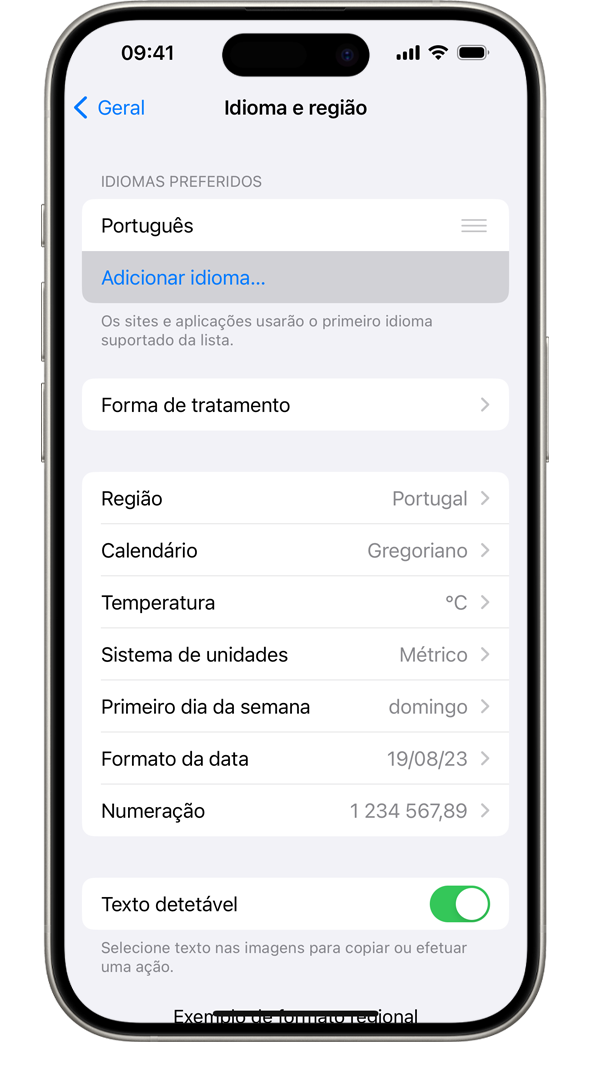 Um iPhone a mostrar o menu Idioma e região, com a opção Adicionar idioma realçada.