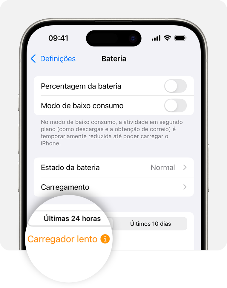 O ecrã Definições da bateria com a mensagem Carregador lento.