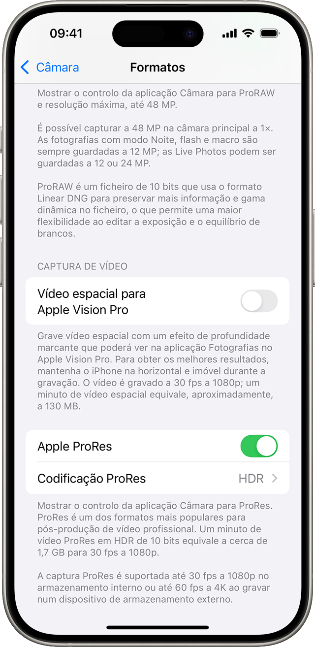 Um iPhone a mostrar as definições para os formatos de câmara