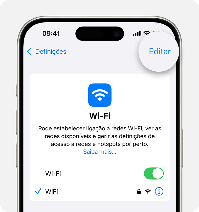 No iOS, para encontrar palavras-passe para redes Wi-Fi às quais se tenha ligado anteriormente, aceda a Definições > Wi-Fi > Editar e, em seguida, toque no botão de informações junto a uma rede.