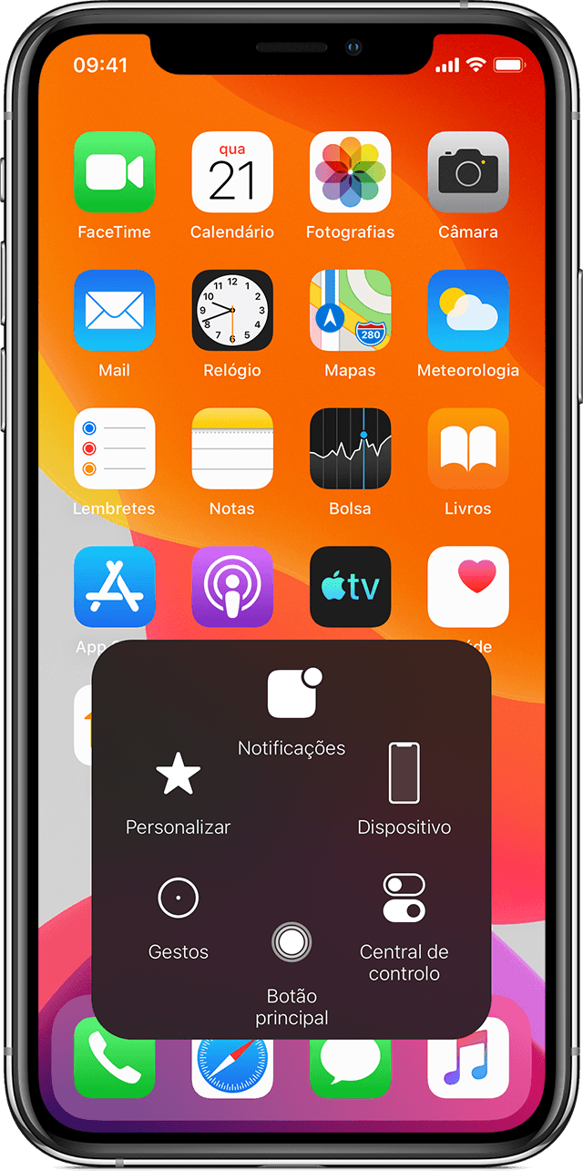 Ecrã principal do iPhone a mostrar o  menu AssistiveTouch