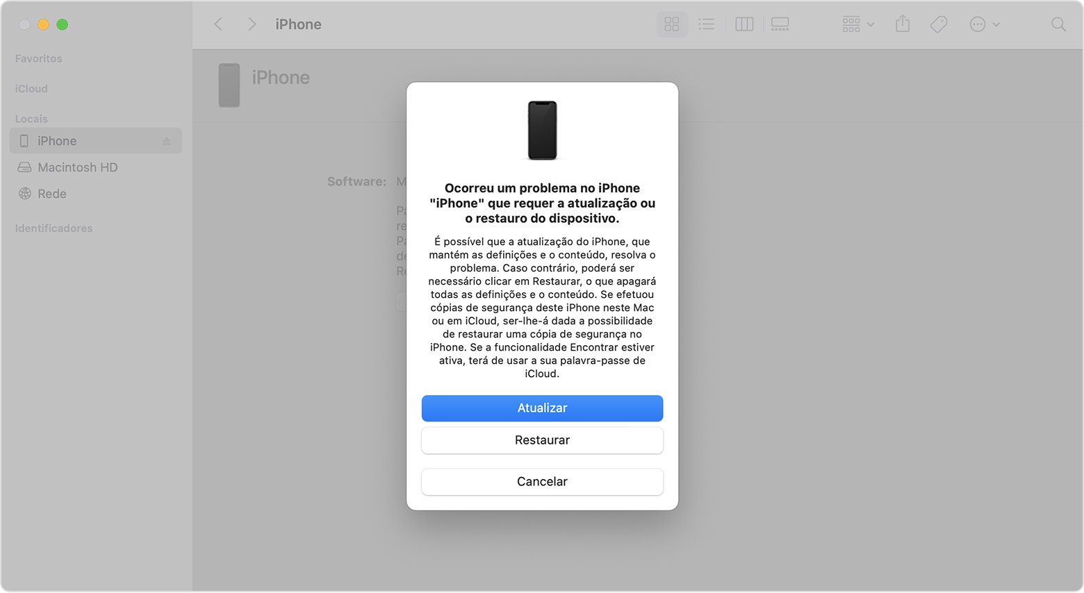 Uma janela do Finder num Mac a mostrar opções para restaurar ou atualizar o iPhone