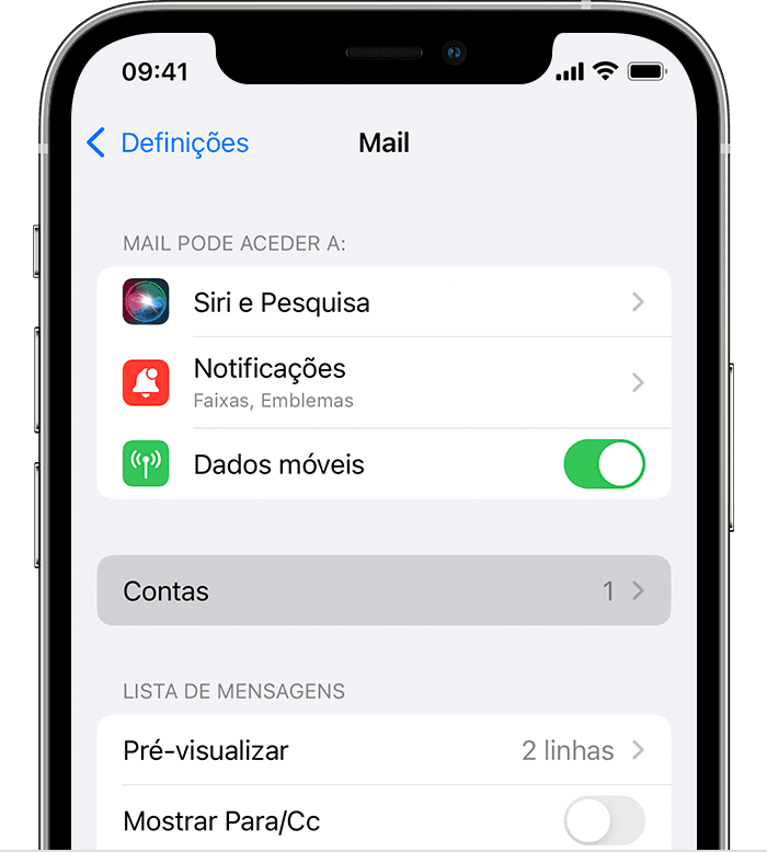 Aceda a Definições > Mail para começar a configurar automaticamente a conta de e-mail no iPhone.