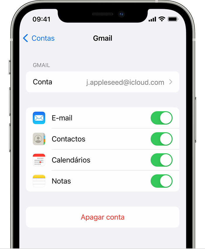 Um iPhone a mostrar as definições de uma conta Gmail ligada em Definições > Mail > Contas > Gmail.