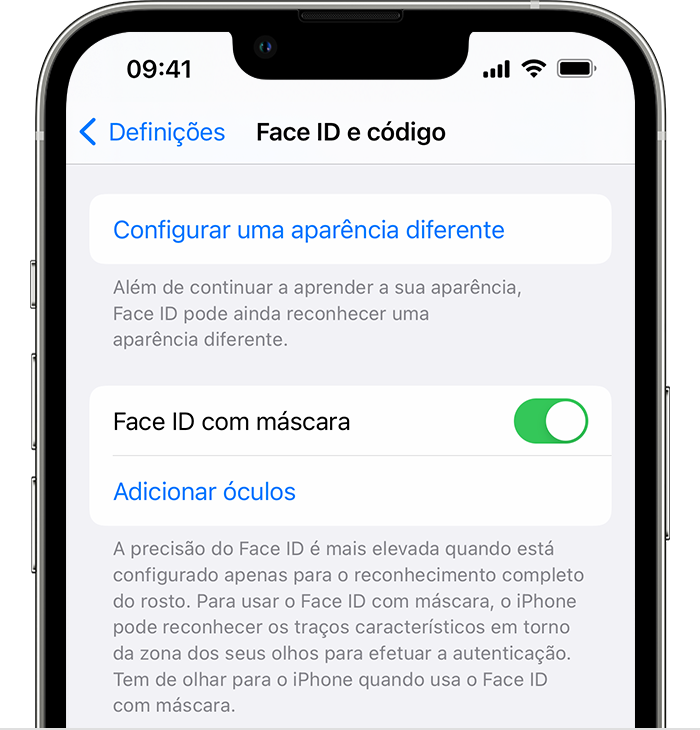 Se estiver a utilizar o iPhone 12 ou posterior e o iOS 15.4 ou posterior, a página Face ID e código nas Definições tem uma opção para ativar "Face ID com máscara".