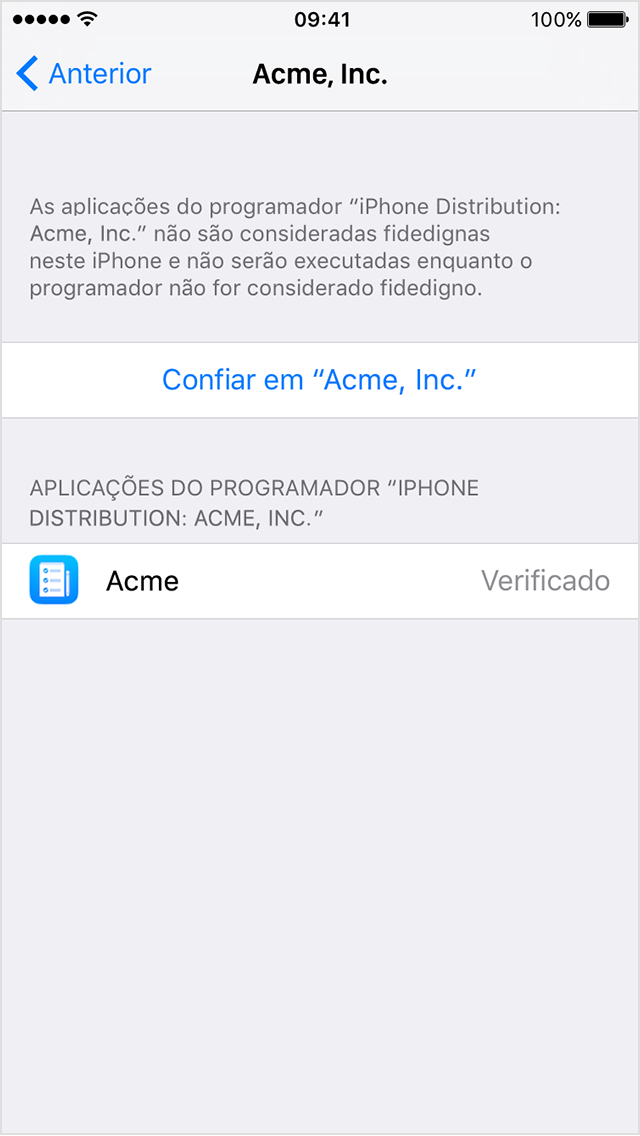  Ecrã do iPhone a mostrar um pedido para confiar numa app empresarial