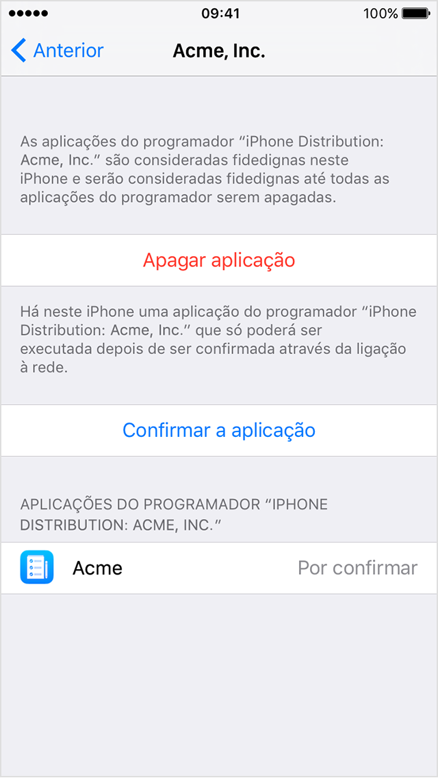  Ecrã do iPhone a mostrar um pedido para verificar se uma app empresarial é de confiança
