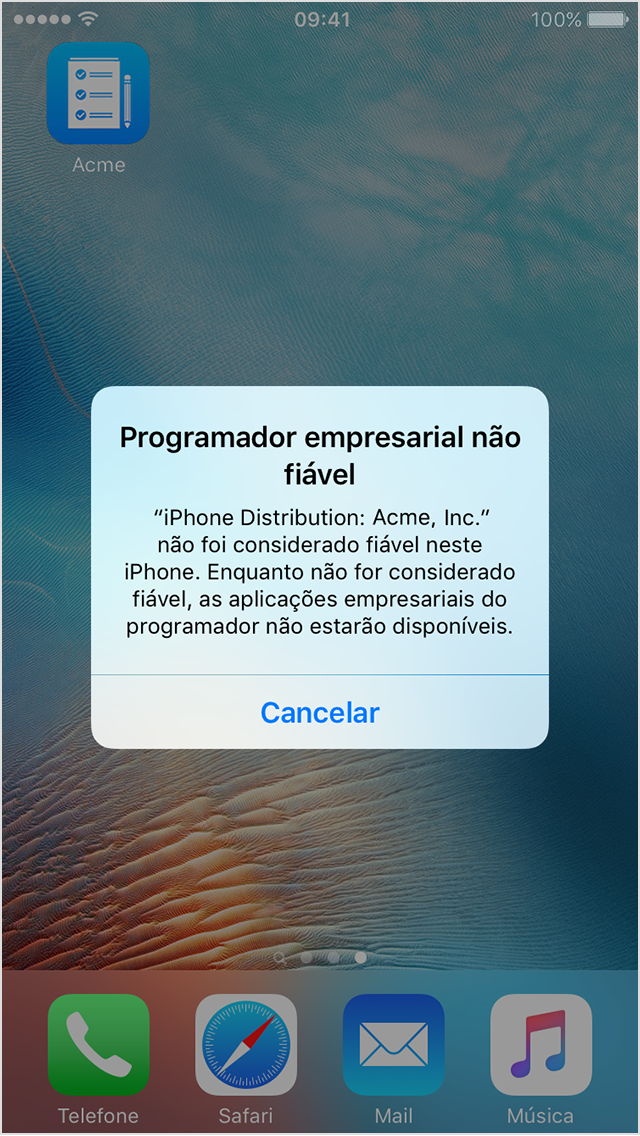  Mensagem de programador empresarial não autorizado no ecrã do iPhone